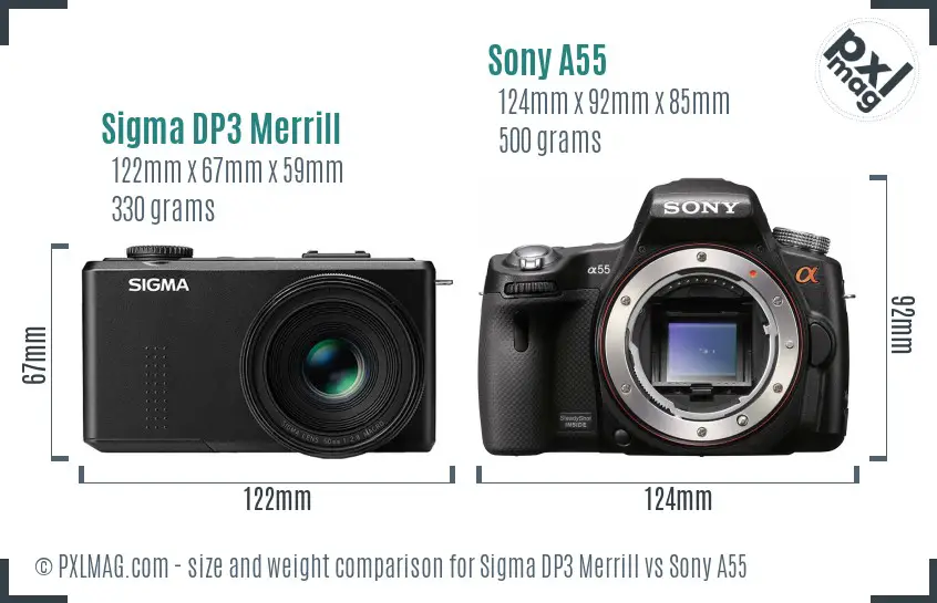 Sigma DP3 Merrill vs Sony A55 size comparison