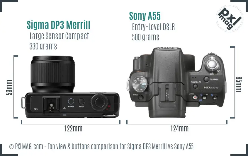 Sigma DP3 Merrill vs Sony A55 top view buttons comparison