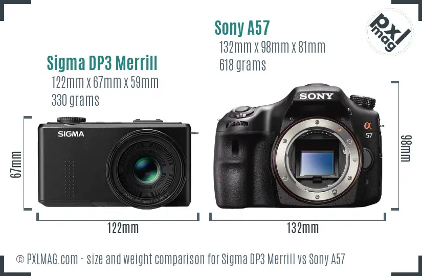 Sigma DP3 Merrill vs Sony A57 size comparison