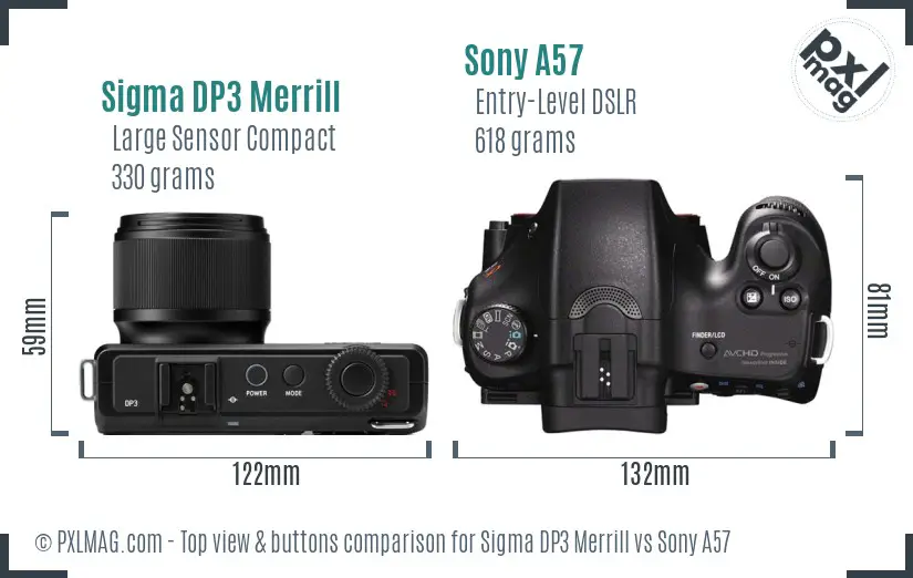 Sigma DP3 Merrill vs Sony A57 top view buttons comparison