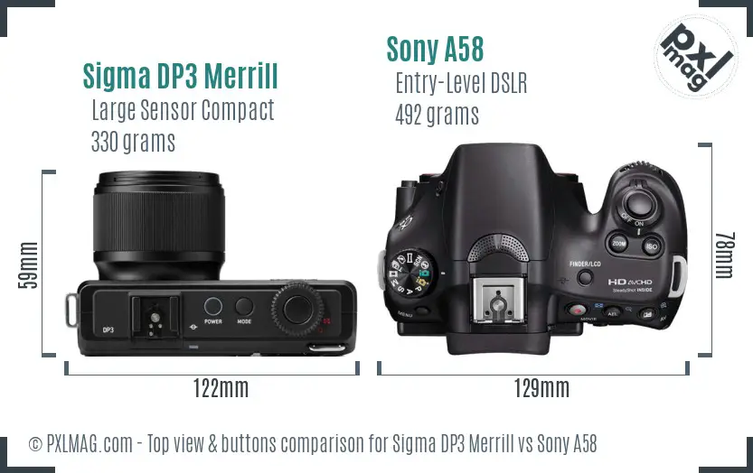 Sigma DP3 Merrill vs Sony A58 top view buttons comparison