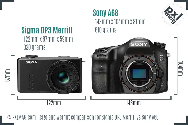 Sigma DP3 Merrill vs Sony A68 size comparison