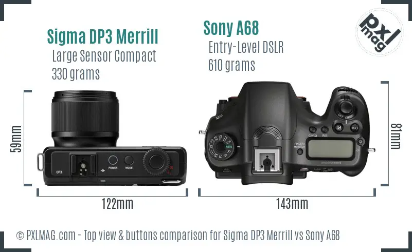 Sigma DP3 Merrill vs Sony A68 top view buttons comparison