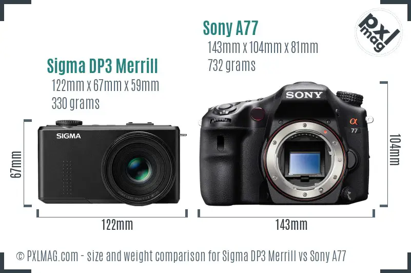 Sigma DP3 Merrill vs Sony A77 size comparison