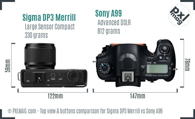 Sigma DP3 Merrill vs Sony A99 top view buttons comparison