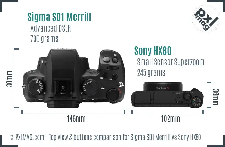Sigma SD1 Merrill vs Sony HX80 top view buttons comparison Sigma SD1 Merrill vs Sony HX80 top view buttons comparison