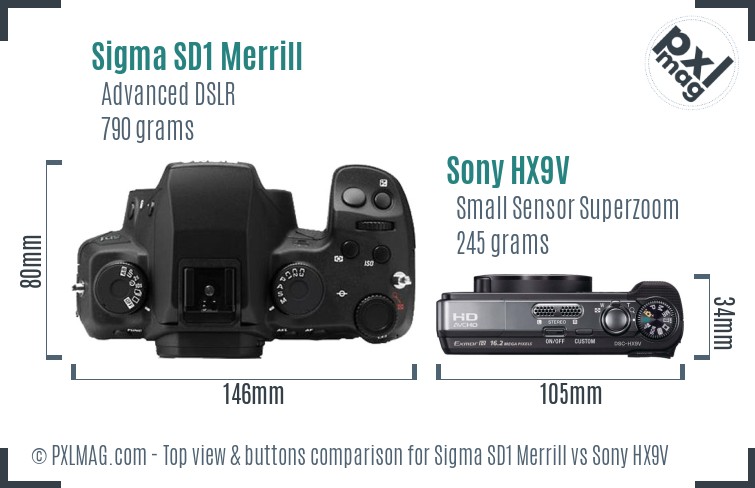 Sigma SD1 Merrill vs Sony HX9V top view buttons comparison