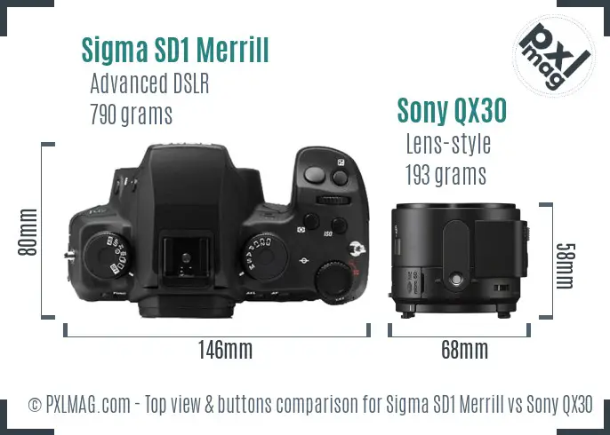 Sigma SD1 Merrill vs Sony QX30 top view buttons comparison
