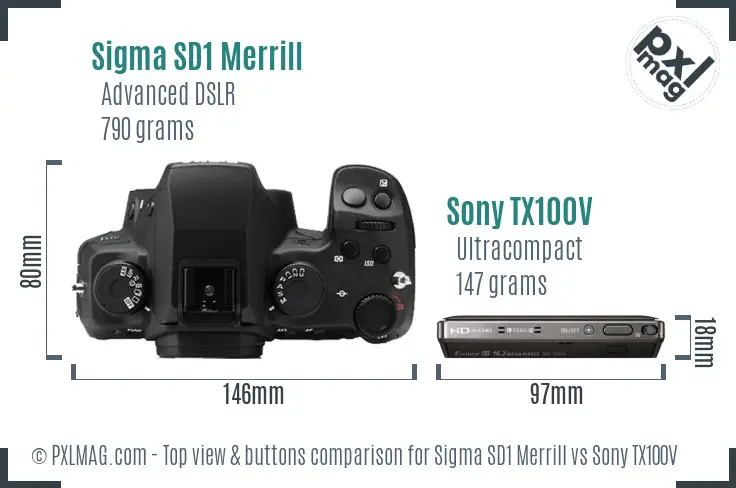 Sigma SD1 Merrill vs Sony TX100V top view buttons comparison