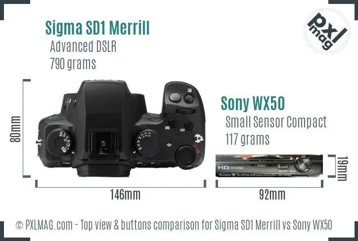 Sigma SD1 Merrill vs Sony WX50 top view buttons comparison Sigma SD1 Merrill vs Sony WX50 top view buttons comparison