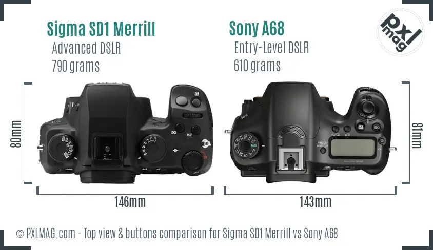 Sigma SD1 Merrill vs Sony A68 top view buttons comparison