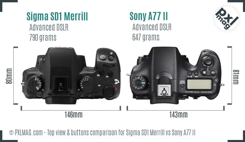 Sigma SD1 Merrill vs Sony A77 II top view buttons comparison