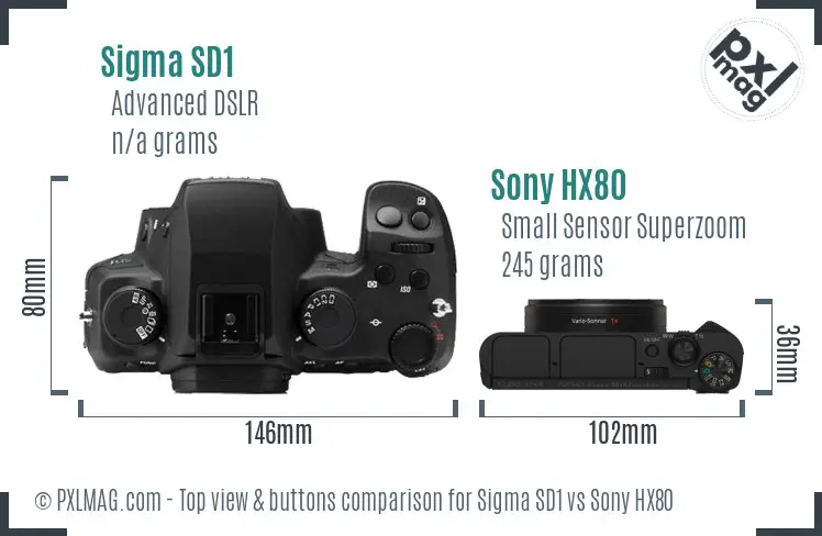 Sigma SD1 vs Sony HX80 top view buttons comparison Sigma SD1 vs Sony HX80 top view buttons comparison