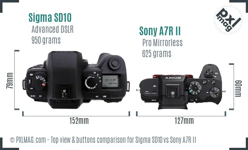 Sigma SD10 vs Sony A7R II top view buttons comparison