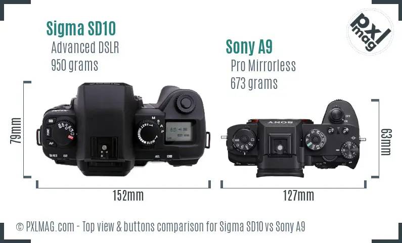 Sigma SD10 vs Sony A9 top view buttons comparison Sigma SD10 vs Sony A9 top view buttons comparison