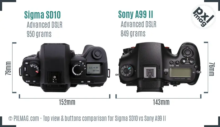 Sigma SD10 vs Sony A99 II top view buttons comparison
