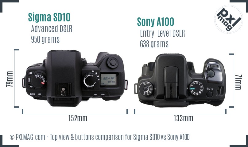 Sigma SD10 vs Sony A100 top view buttons comparison