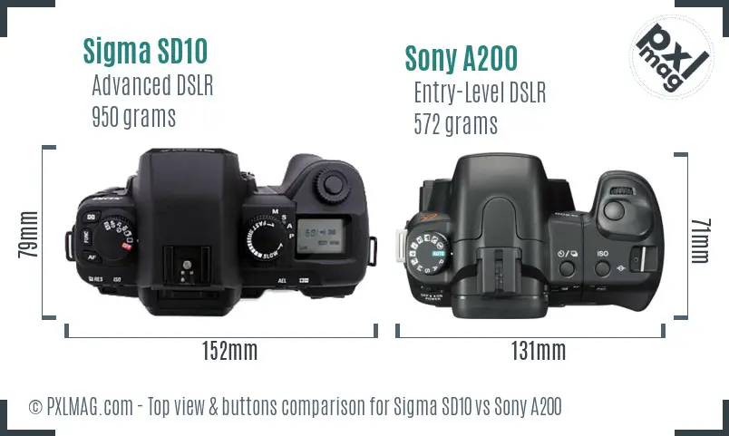 Sigma SD10 vs Sony A200 top view buttons comparison