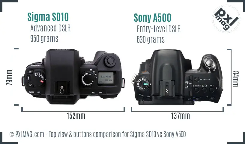 Sigma SD10 vs Sony A500 top view buttons comparison