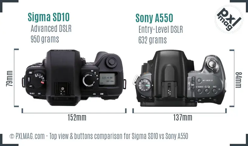 Sigma SD10 vs Sony A550 top view buttons comparison Sigma SD10 vs Sony A550 top view buttons comparison
