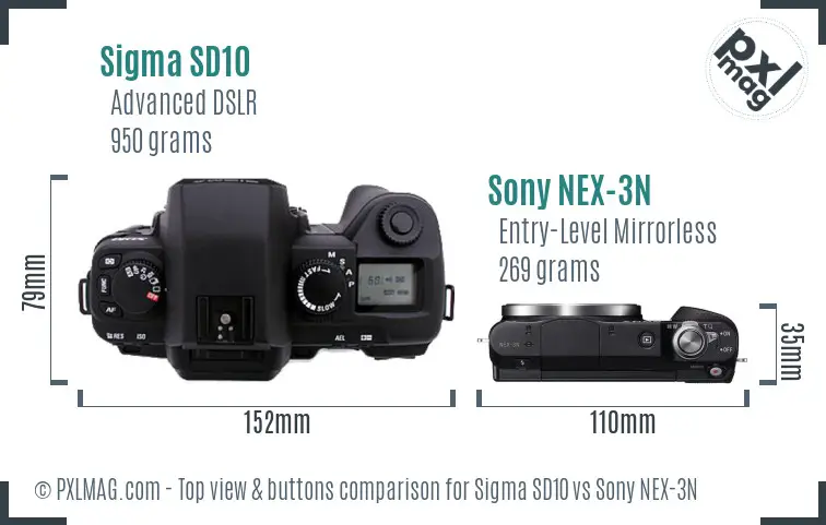 Sigma SD10 vs Sony NEX-3N top view buttons comparison Sigma SD10 vs Sony NEX-3N top view buttons comparison