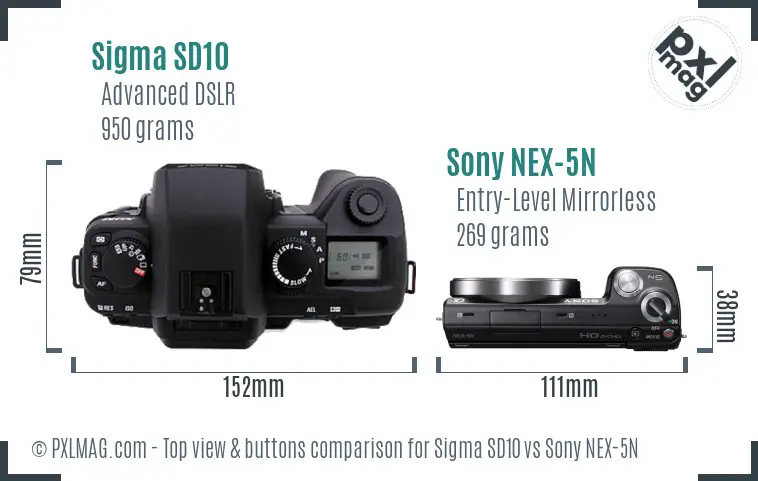 Sigma SD10 vs Sony NEX-5N top view buttons comparison Sigma SD10 vs Sony NEX-5N top view buttons comparison