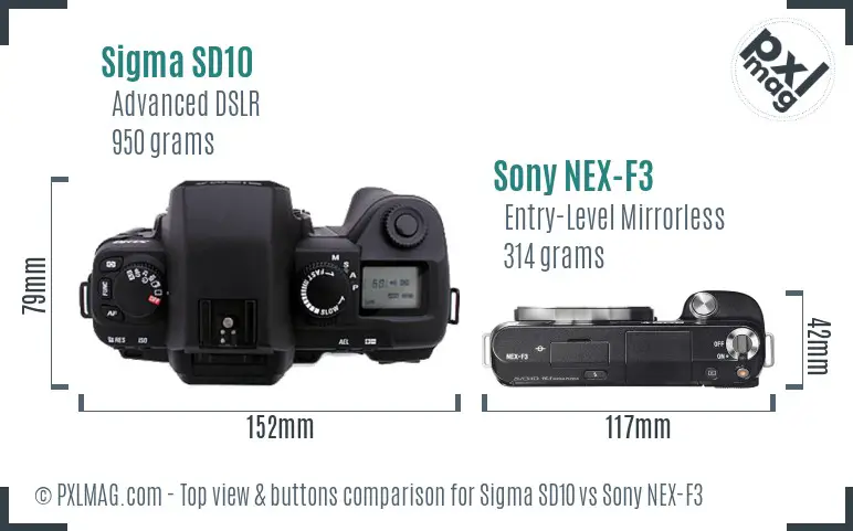 Top view showing control layouts and dials on Sigma SD10 and Sony NEX-F3