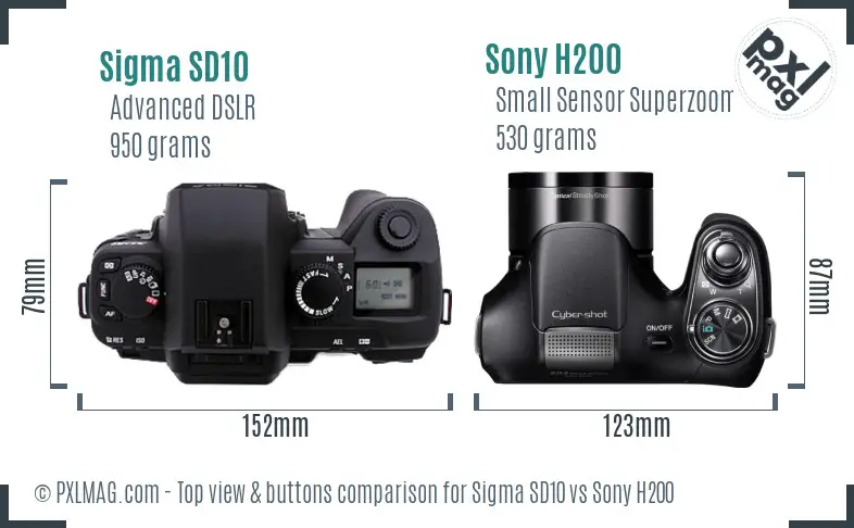 Sigma SD10 vs Sony H200 top view buttons comparison Sigma SD10 vs Sony H200 top view buttons comparison