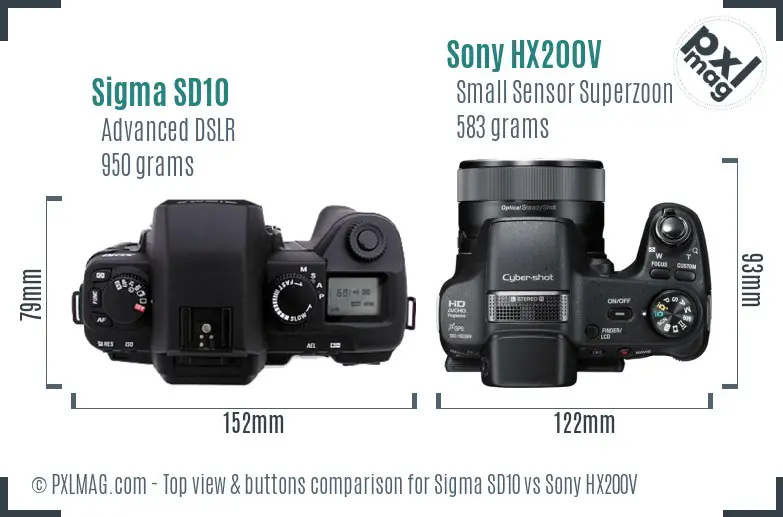 Sigma SD10 vs Sony HX200V top view buttons comparison