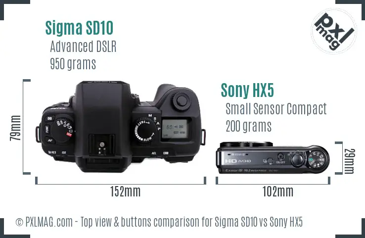 Sigma SD10 vs Sony HX5 top view buttons comparison Sigma SD10 vs Sony HX5 top view buttons comparison