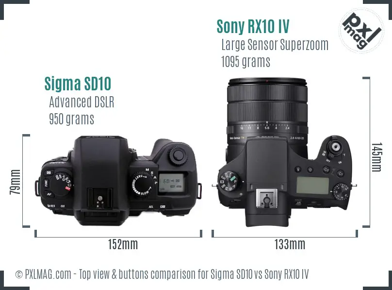 Sigma SD10 vs Sony RX10 IV top view buttons comparison Sigma SD10 vs Sony RX10 IV top view buttons comparison