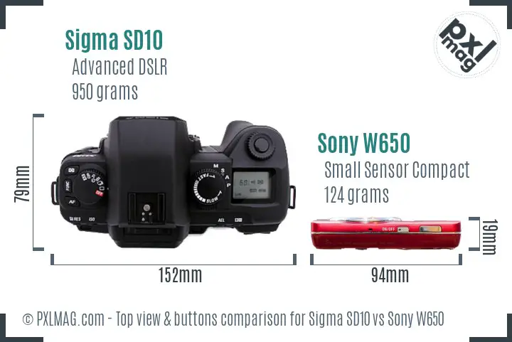 Sigma SD10 vs Sony W650 top view buttons comparison Sigma SD10 vs Sony W650 top view buttons comparison