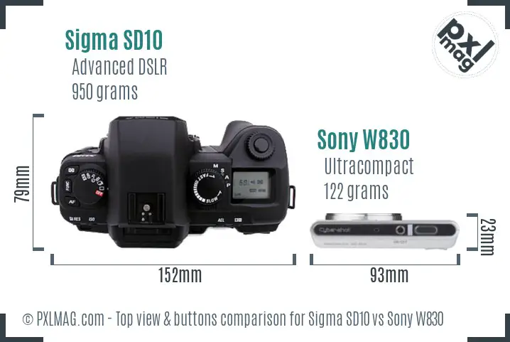 Sigma SD10 vs Sony W830 top view buttons comparison Sigma SD10 vs Sony W830 top view buttons comparison