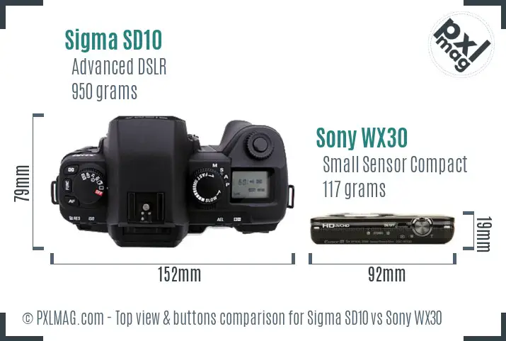 Sigma SD10 vs Sony WX30 top view buttons comparison Sigma SD10 vs Sony WX30 top view buttons comparison