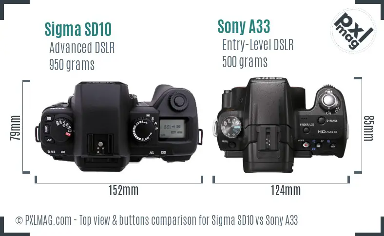 Sigma SD10 vs Sony A33 top view buttons comparison Sigma SD10 vs Sony A33 top view buttons comparison