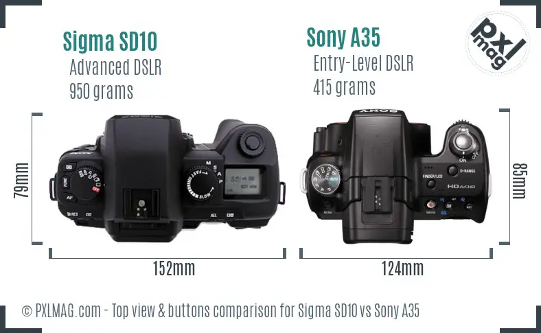 Sigma SD10 vs Sony A35 top view buttons comparison Sigma SD10 vs Sony A35 top view buttons comparison