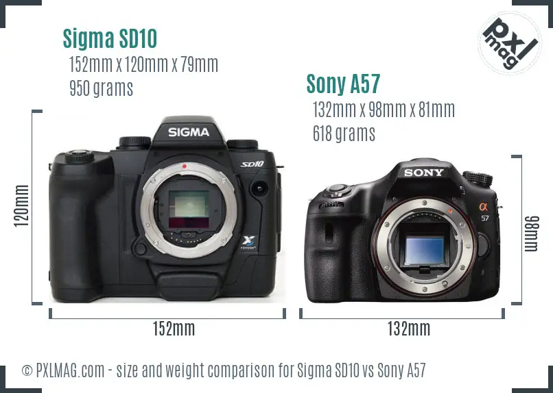 Sigma SD10 vs Sony A57 size comparison Sigma SD10 vs Sony A57 size comparison