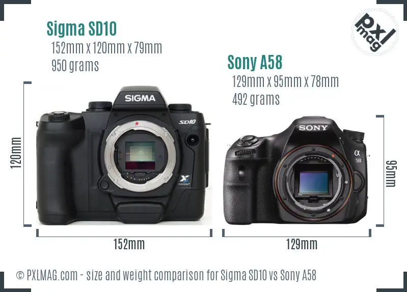 Sigma SD10 vs Sony A58 size comparison