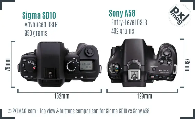 Sigma SD10 vs Sony A58 top view buttons comparison