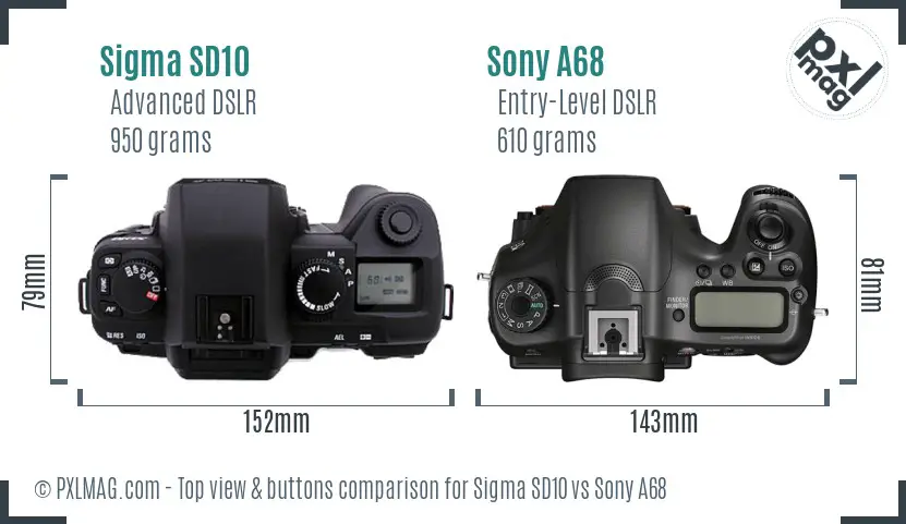 Sigma SD10 vs Sony A68 top view buttons comparison