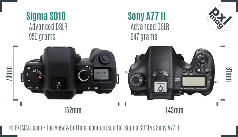 Sigma SD10 vs Sony A77 II top view buttons comparison