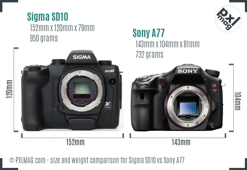 Sigma SD10 vs Sony A77 size comparison