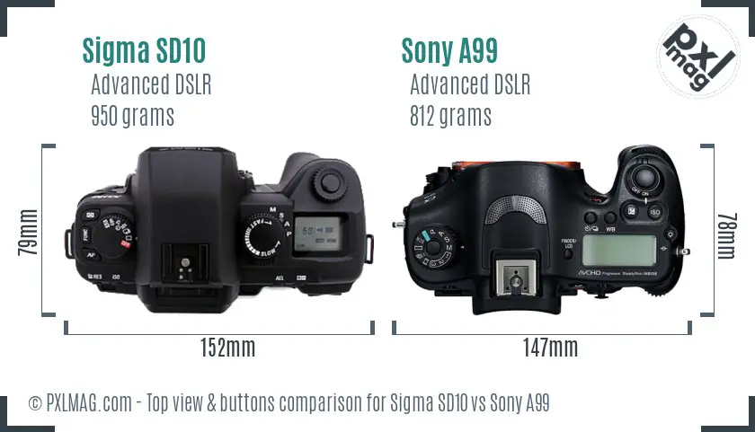 Sigma SD10 vs Sony A99 top view buttons comparison