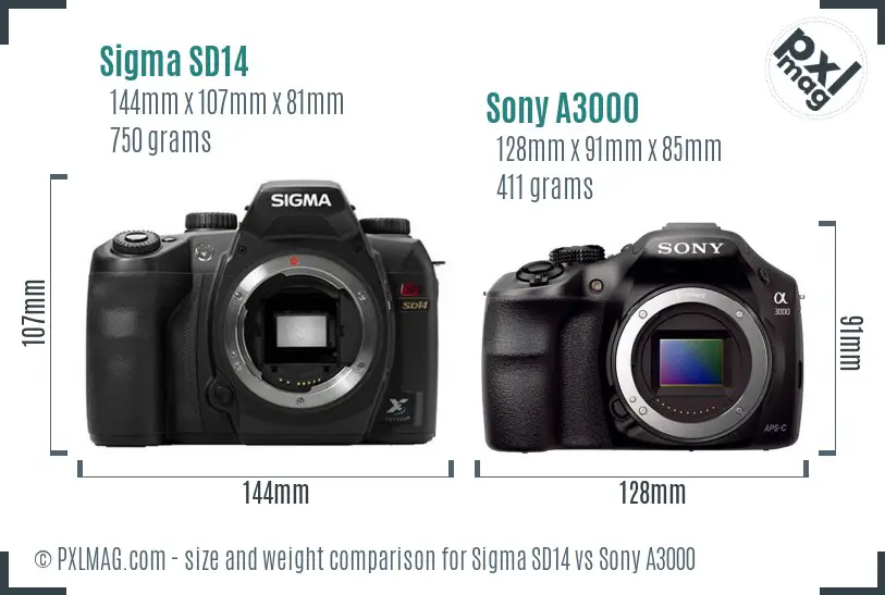 Sigma SD14 vs Sony A3000 size comparison