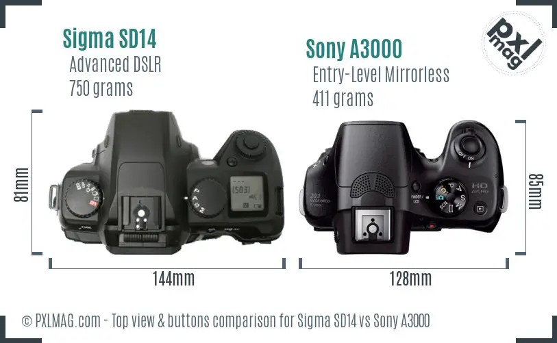 Sigma SD14 vs Sony A3000 top view buttons comparison