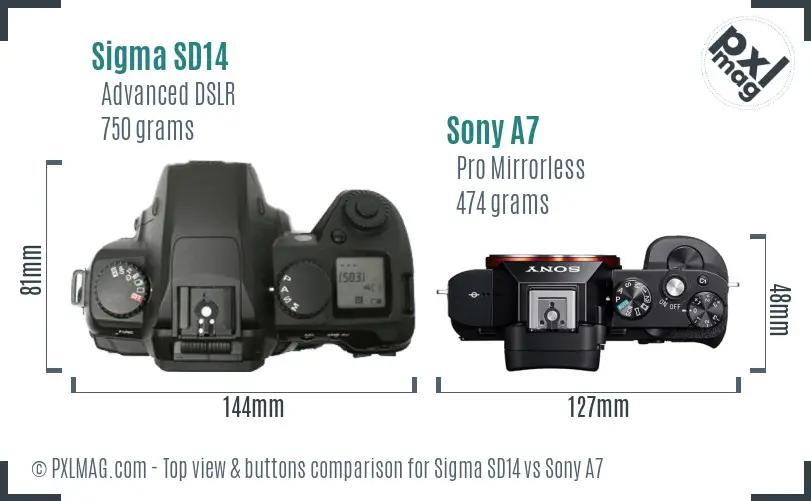 Sigma SD14 vs Sony A7 top view buttons comparison