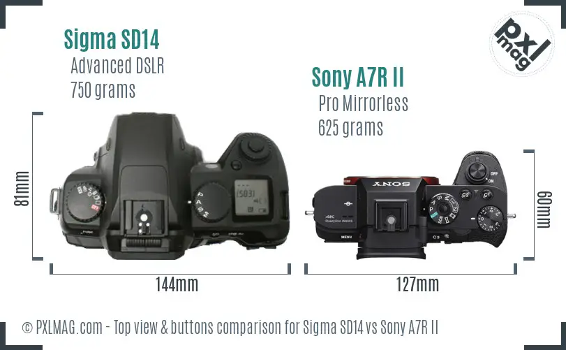 Sigma SD14 vs Sony A7R II top view buttons comparison