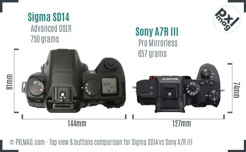 Sigma SD14 vs Sony A7R III top view buttons comparison