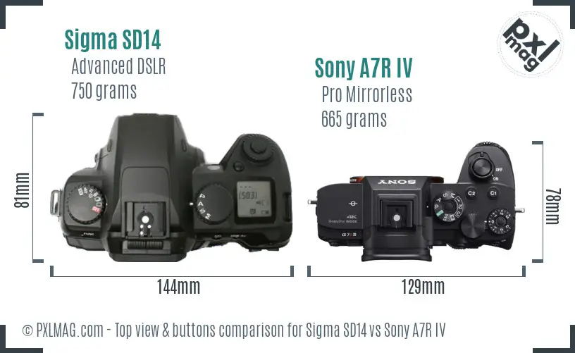 Sigma SD14 vs Sony A7R IV top view buttons comparison