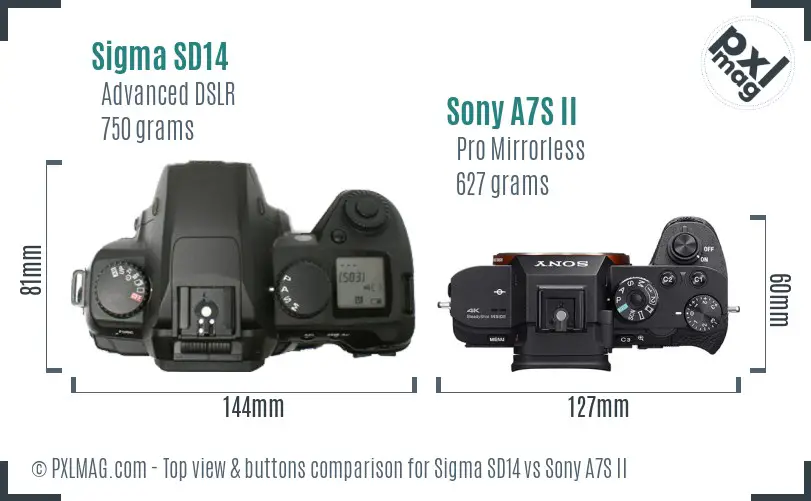 Sigma SD14 vs Sony A7S II top view buttons comparison